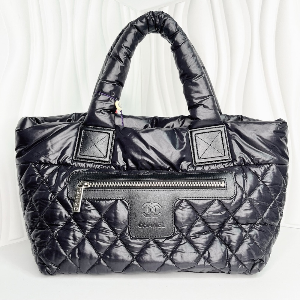 CHANEL Cococoon Quilted Tote Bag Handbag Mini Boston Nylon Leather Black Bord